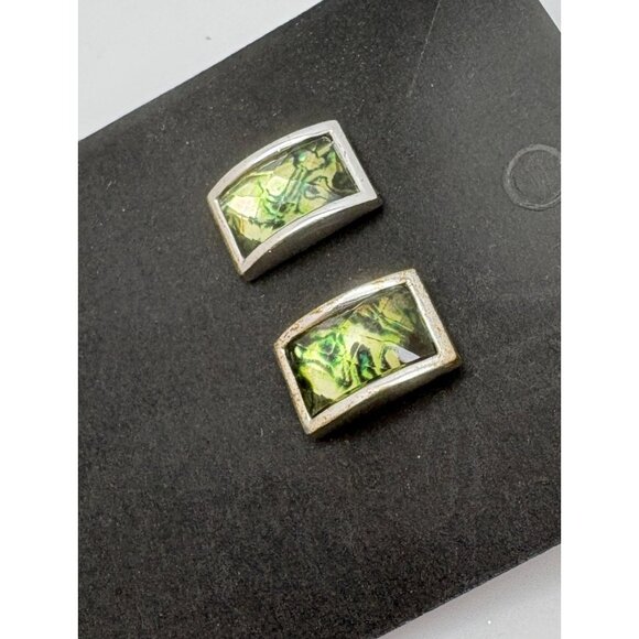 Vintage Silver Tone Green Faceted Earrings Rectangular Stud - Picture 2 of 7